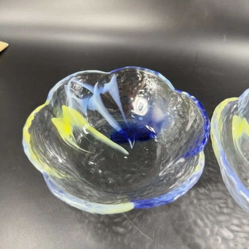 Vintage Aderia‎ Glass Bowl Set 2 Made In Japan Clear Blue Yellow Swirls Ruffled